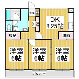 コア伊那北 4階3DKの間取り