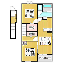パディーエステート中ノ原　A 2階2LDKの間取り