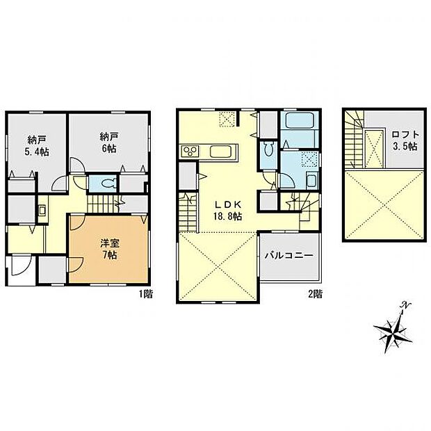 2階をリビングにした1ＬＤＫ＋納戸×2の間取り。家族の空間を大切にできる開放空間です。