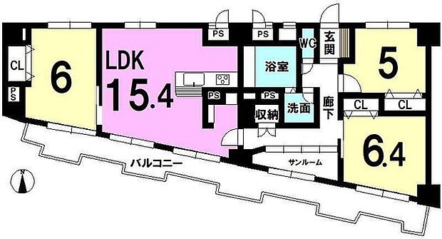 奈良三条ハイツ(3LDK) 6階の間取り