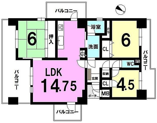 ローレルスクエア木津川台第1期　4番館(3LDK) 2階の間取り