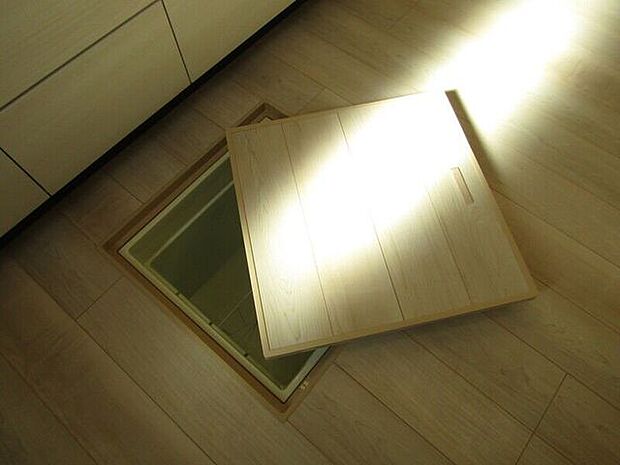 調味料や保存食品、日用品のストックなどをまとめて収納できる床下収納付き。