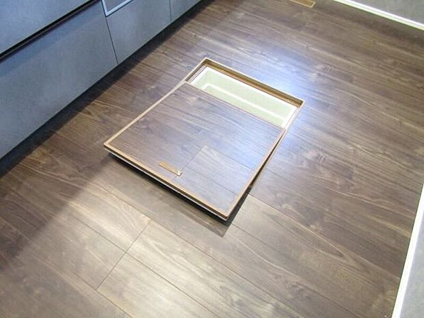 調味料や保存食品、日用品のストックなどをまとめて収納できる床下収納付き。