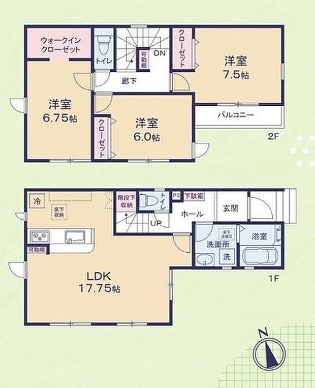 【間取り図】LDKは17帖超＋3面採光！全居室6帖以上の広さがあります。WICや階段下収納など、収納充実の住まいです。