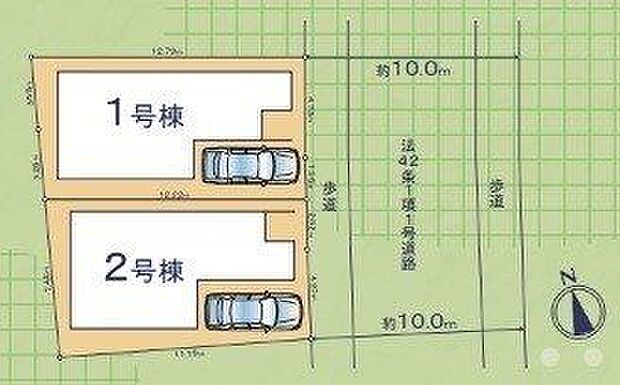 【全体区画図】東側前面道路の幅員は約10.0mでゆとりがあります。車の運転が苦手な方も、落ち着いて入出庫ができそうです。