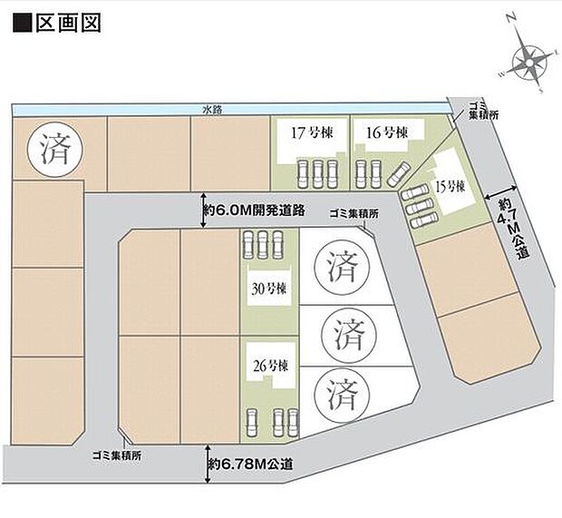 【全体区画図】前面道路幅6m以上。建ぺい率60%、容積率200%。総区画数32区画です。