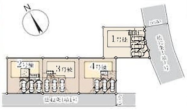 【全体区画図】新しいコミュニティが楽しみな分譲地。並列3台分のカースペース付きです(車種による)。