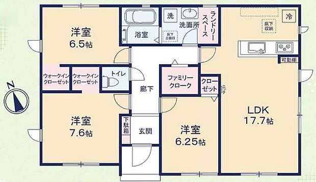 【間取り図】LDKは約17.7帖と広々。南側・東側の2面採光で、明るく風通しの良い空間です。WICやFCLが備わり、住空間がスッキリと片付きます。