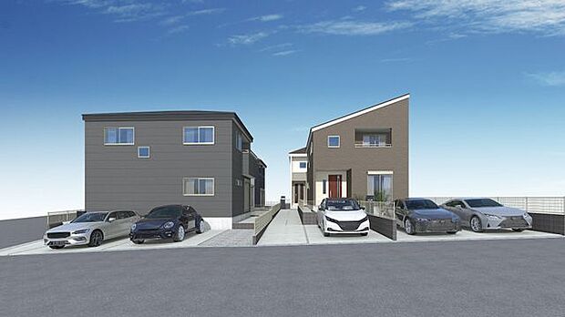 【外観パース】街並みの完成イメージです。現地をご覧頂ながら、暮らしのイメージを膨らませることができます。※車調度品等は販売価格に含まれません。実際とは異なる場合があります。