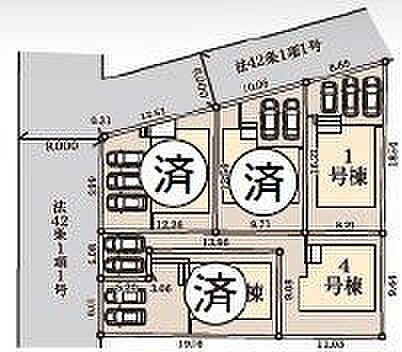 【全体区画図】第一種低層住居専用地域内、全5棟の分譲地です。前面道路の幅員は、北側約6.0m、西側約9.0m。全棟が長期優良住宅対象物件です！