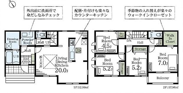 【間取り図】南西向きのLDK約20.0帖を中心に、2階には洋室4部屋を配し、クローゼットやウォークインクローゼット付き。生活動線も快適です。