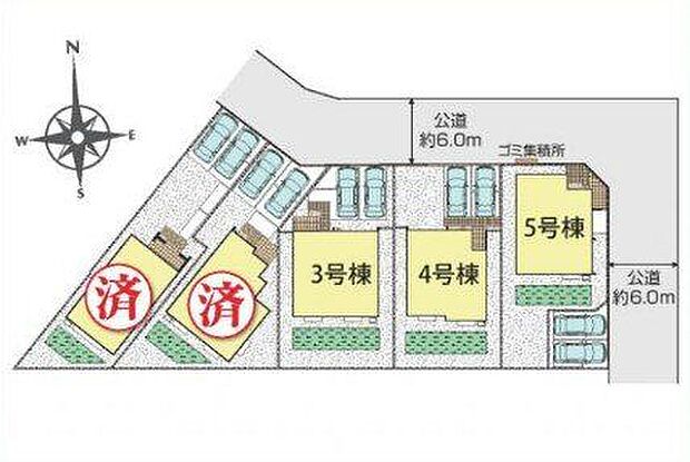 【全体区画図】前面道路幅員約6.0m公道に面しています。並列2台駐車可能(車種による)。徒歩15分圏内に生活施設や教育施設が揃った便利なロケーションです。