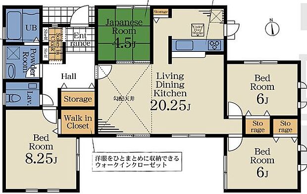 【間取り図】ご家族が集う約20.25帖のLDK。勾配天井で開放感のある住空間が広がります。キッチンはリビングが見渡せ明るい視界も嬉しい対面式です。