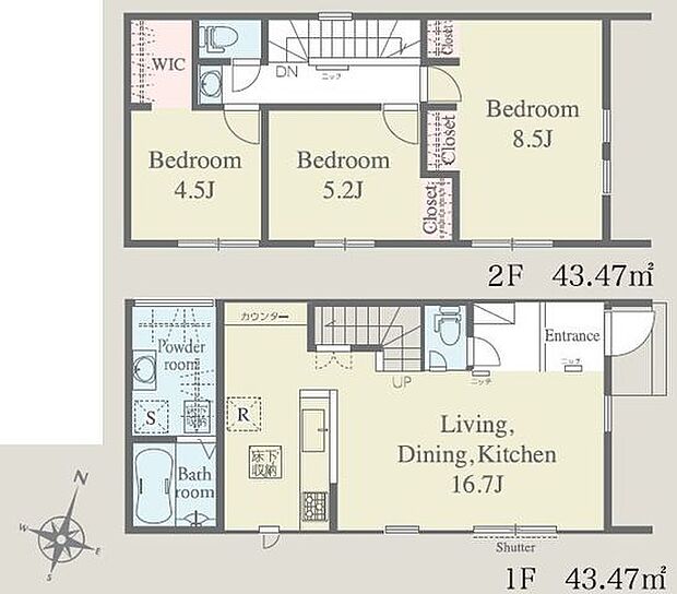 【間取り図】リビング階段＆対面キッチンの3LDK。全室南向きです。水回り設備が集約され、効率の良い家事動線。洗面室に室内干しのスペースを設けています。