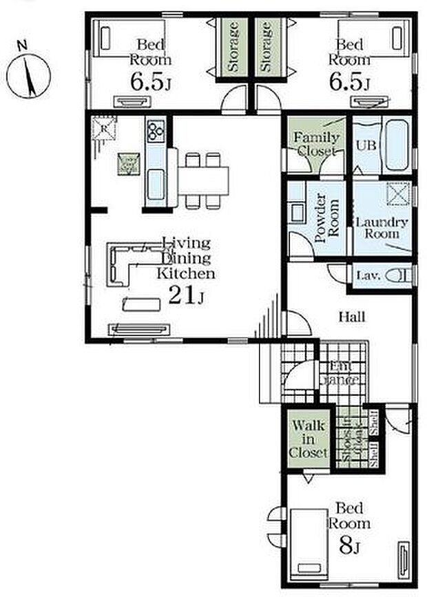 【間取図】全居室6帖以上＆LDK約21帖！ゆとりある平屋住宅です。脱衣室と洗面室が分かれた間取り。ファミリークローゼットやシューズインクロークなど収納スペースが多彩です。