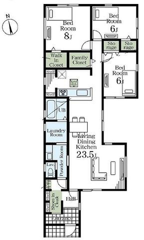 【間取図】全居室6帖以上＆LDK約23.5帖！パティオのある平屋住宅です。玄関から脱衣室まで通り抜け可能。ファミリークローゼットやシューズインクロークなど収納スペースが多彩です。