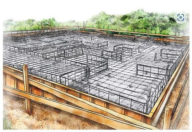 【ベタ基礎】◆ベタ基礎は、コンクリートで建物の下一面を支える工法。基礎鉄筋を張り強度を強めたベタ基礎の耐圧盤を1階の床下全面に施工し、広い耐圧盤の面で建物の荷重を地盤に伝えます。