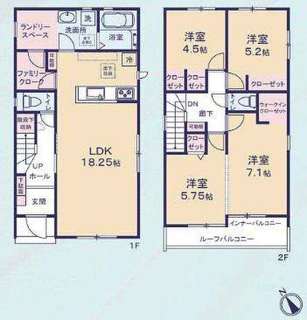 【間取り図/2号棟】ウォークインクローゼットやファミリークローク、ランドリースペースなどが設けられており、住空間を有効活用することができます。
