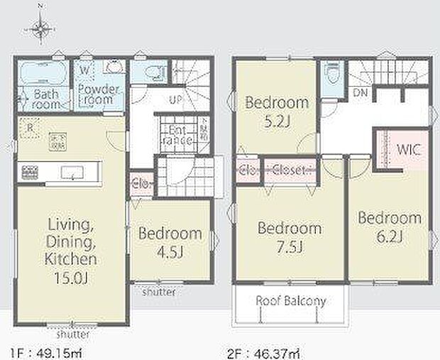 【間取り図】LDKは15.0帖と広々空間。自然とご家族が集まり、楽しい会話が生まれます。対面キッチンなので、ご家族の様子も伺えます。