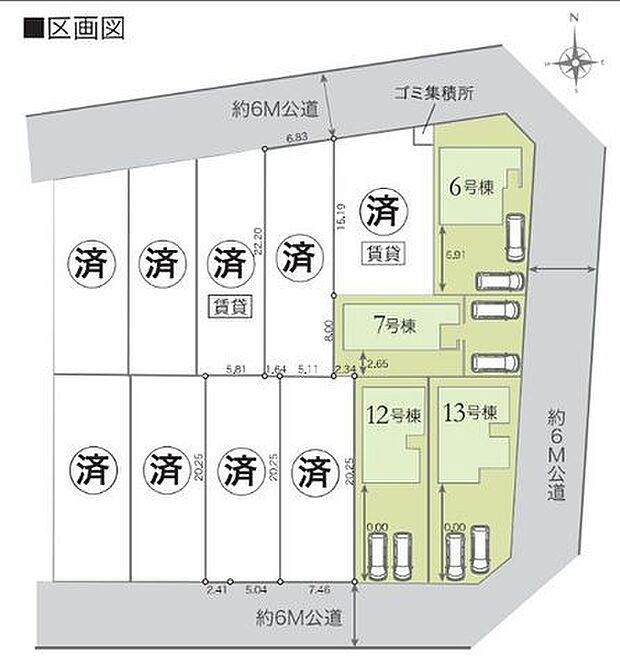 【区画図/13号棟】南向きの住宅です。駐車場2台(車種による)可能。南面と東面に道路幅約6.0mの公道があるので、車の入出庫がスムーズです。