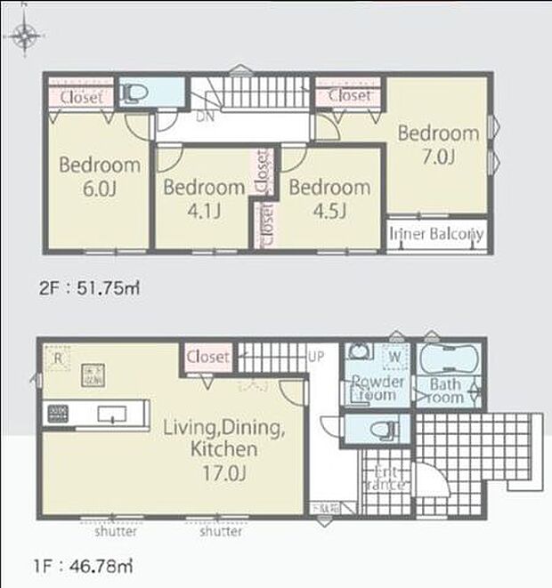 【間取り図】LDKは17.0帖と広々空間。自然とご家族が集まり、楽しい会話が生まれます。対面キッチンなので、ご家族の様子も伺えます。