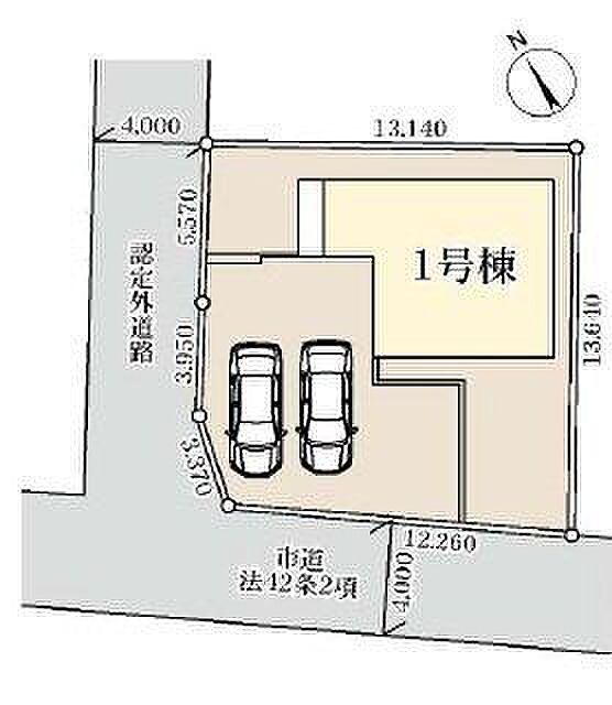 【区画図】採光・風通しともに良好な南西角地。2台駐車可能なカースペースが設けられています(車種による)。敷地との段差が少ないので、車の入出庫がスムーズに行えそうです。