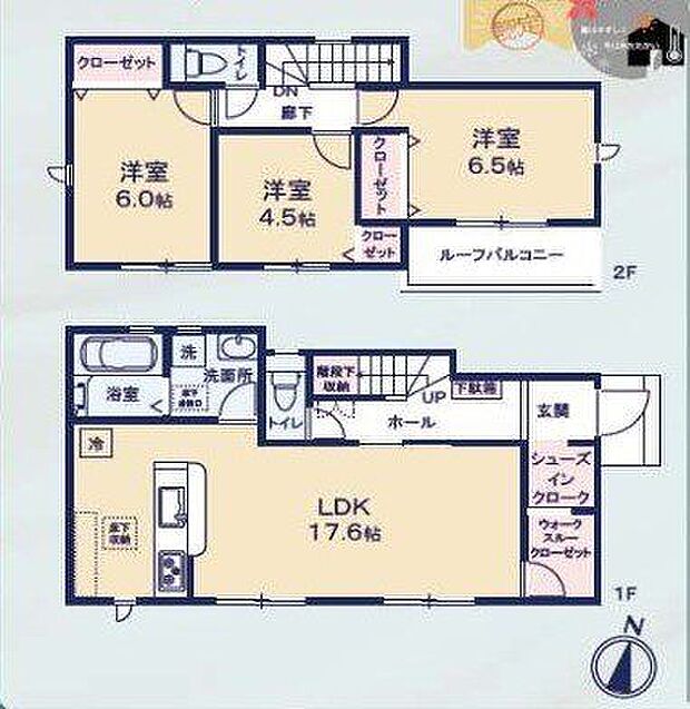 【間取図】キッチンから洗面室に出入りすることが可能で、家事動線に配慮されている間取り設計です。豊富な収納が設けられており、住空間を広く確保することができます。