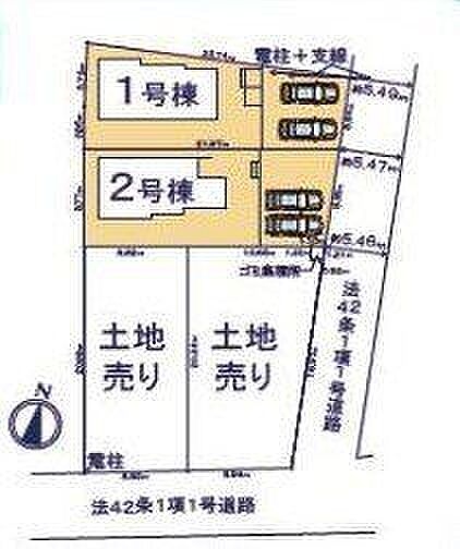 【区画図】前面道路は東側、幅員約5.49mの広さが確保されています。カースペースは2台分確保されており、セカンドカーの保有が可能です(車種による)。