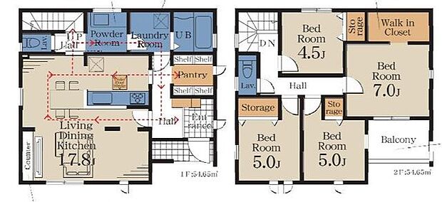 【間取図】回遊動線の良い間取りで、家事などがスムーズに行えます。WICなどを含む、豊富な収納が設けられている住まいです。