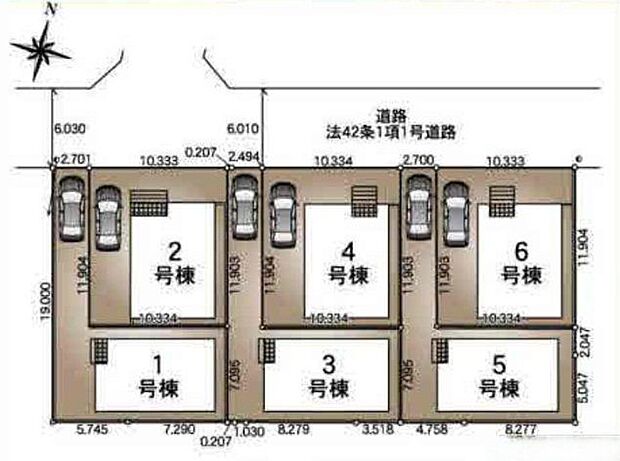 【全体区画図】JR外房線「蘇我」駅徒歩26分。住宅性能表示7項目取得、フラット35S対応の全6区画です。北側前面道路の幅員は約6mで、各区画にカースペースが備わっています。