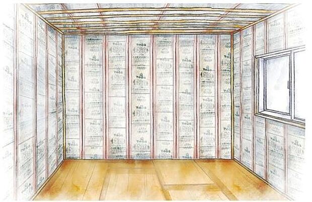 【断熱材】◆床・天井・壁に隙間なく断熱材を入れることで、外部との断熱性・室内の保湿性を高め、快適な居住空間を保ちます。