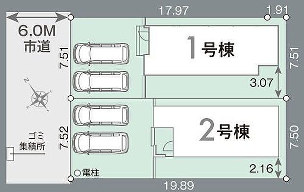 【全体区画図】全居室南向きの全2棟!第一種低層住居専用地域の落ち着いた住環境が魅力です。西側前面道路の幅員は約6mあり、車の入出庫をスムーズに行えそうです。
