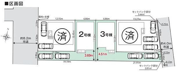 【全体区画図】JR内房線「木更津」駅まで徒歩10分の駅近立地！2号棟・3号棟ともに、アプローチ部分に車2台分が駐車可能です(車種による)。