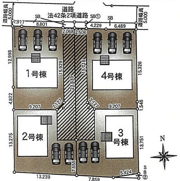 【区画図】隣家との間にゆとりを持たせた配棟計画により、陽当たり・通風を確保。開放感のある住環境が整っています。外からの視線も気になりにくく、プライバシーにも配慮された住まいです。
