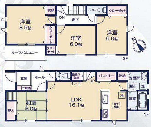 【間取図/6号棟】1階に約16.1帖のLDKと約5.0帖の和室を配置した4LDKの間取り。キッチン横にはパントリーがあります。2階の全居室に収納、廊下部分にも物入があり、共有の荷物も整理可能です。
