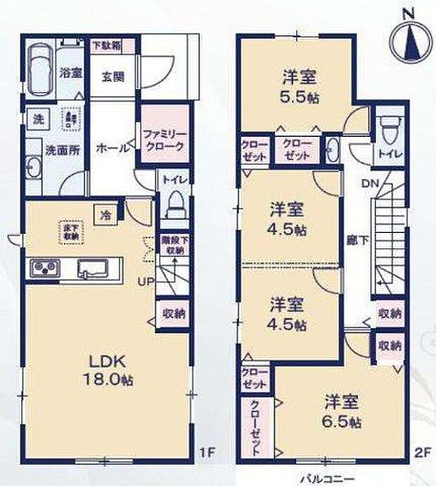 【間取図/7号棟】約18.0帖の広々としたLDK。3面採光を確保した明るい空間で、家族が集まる場所として適しています。キッチンから洗面所への動線を短くし、家事効率に配慮した間取りです。