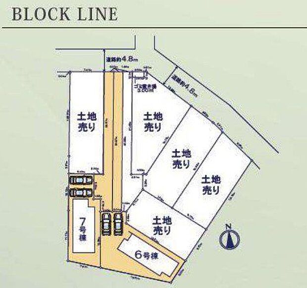 【全体区画図】6号棟、7号棟はアプローチを通る、プライベートを大切にできる、奥まった立地です。緑豊かで穏やかな環境です。
