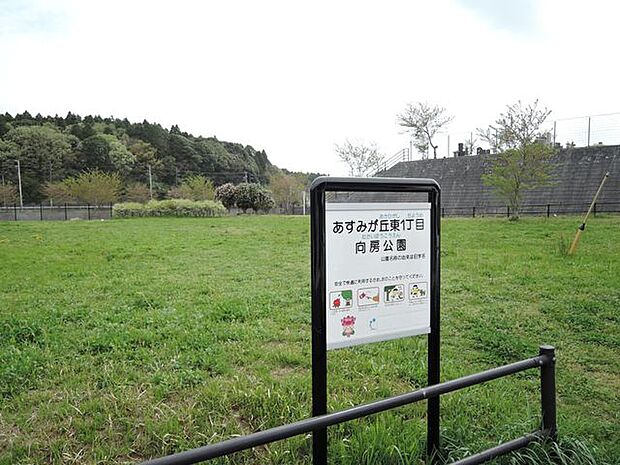 あすみが丘東1丁目向房公園 徒歩13分。芝生が広がり、すべり台やブランコのほか、手あそびが描かれたスツール、砂場など有。 990m