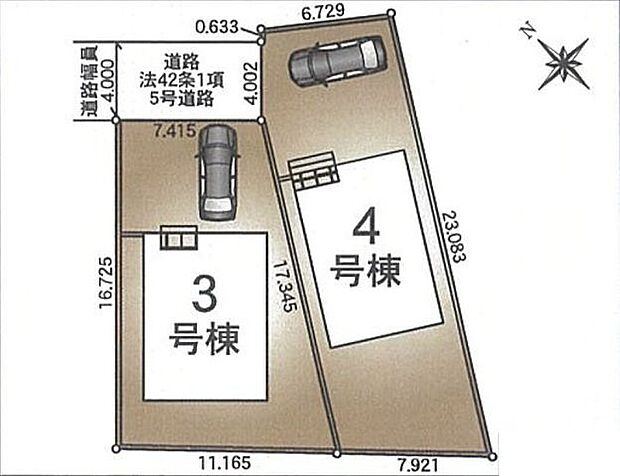 【全体区画図】全2棟の4LDKの住まい。3号棟の前面道路は、北東側約4mの幅員で接続しています。大型車の通行が抑制されるため、比較的静かな環境です。