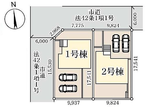 【全体区画図】敷地面積52坪以上、ゆとりある全2区画。前面道路は幅員約6mで、車の出し入れも落ち着いて対応できます。2台分のカースペースが用意され、快適なマイカーライフを支えます(車種による)。