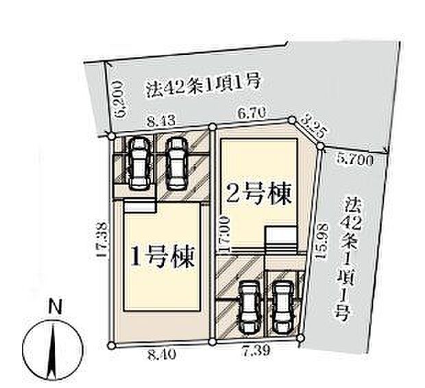 【区画図/2号棟】広々駐車2台可能(車種による)。並列駐車かつ前面道路幅員も約5.7ｍなので、お車の出し入れも楽々。