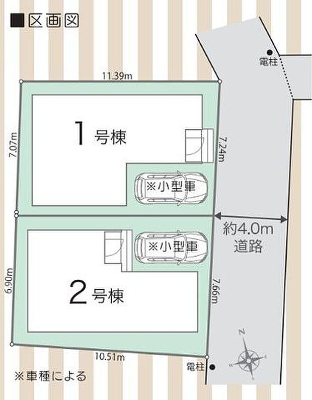 【全体区画図】朝日が心地よく差し込む東側接道。1日を気持ちよくスタートできそうです。駐車スペースは、自転車置き場としても活用可能です。