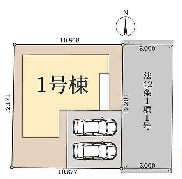 【全体区画図】幅員約5mの道路に面しています。東側に接道しているため、午前中からしっかり日差しが届きます。2台分のカースペースが用意され、快適なマイカーライフを支えます(車種による)。