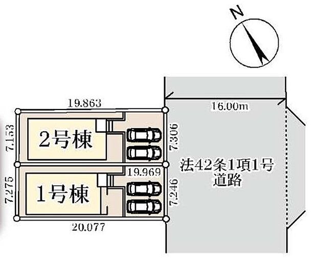 【全体区画図】前面道路は幅員約16m、歩道が整備されているため小さなお子様とのお出かけも安心です。南東側接道のため、午前中から日差しを確保しやすい立地です。
