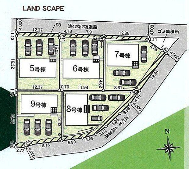【全体区画図】JR内房線「姉ヶ崎」駅まで徒歩28分の立地です。全棟駐車スペース3台以上あり(車種による)。周囲は緑豊かな住環境です。