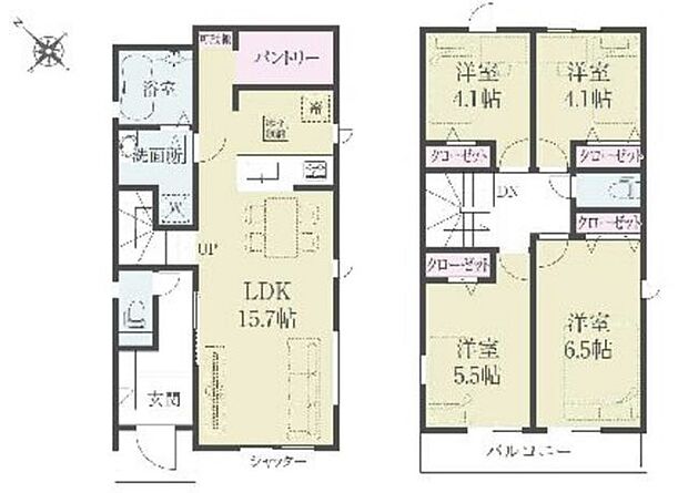 【間取図】全居室に収納が設けられ、住空間を広く使える間取りです。家族が顔を合わせやすいリビング階段が採用されています。水回りが集約され、家事動線もコンパクトです。