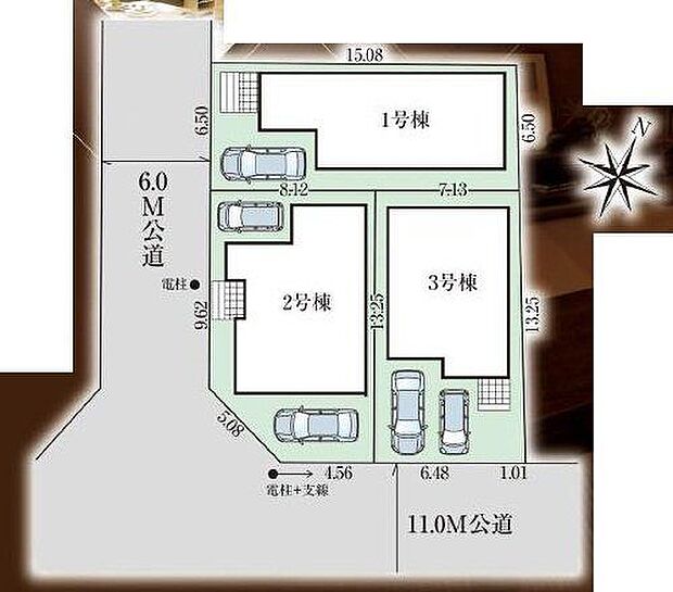 【全体区画図】前面道路の幅が6m以上あり、駐車や出入りがスムーズに行えそうです。マイカーライフが叶う駐車スペース付きです。