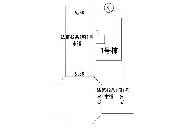 【区画図/1号棟】南西・北西側道路に接道した角地です。南西側道路は幅員約6.1mで、お車の出し入れも落ち着いて対応できそうです。2台分の駐車スペースが用意されています(車種による)。