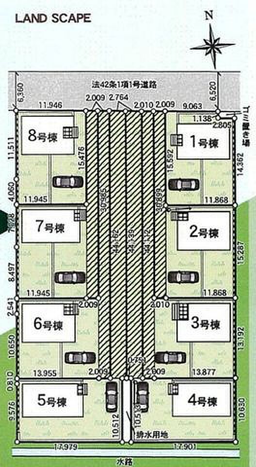 【全体区画図】全8棟の新築戸建のご案内です。コンビニやドラッグストアが徒歩6分圏内。ご近所さんと交流しやすい小規模コミュニティです◎