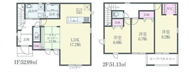 【間取図/4号棟】全室南西向きにつき、室内へ陽光が降り注ぐ明るい住まい。LDKには機能的な対面仕様キッチンが設置され、約3.7帖のタタミコーナーが設けられています。2階にはWICが備わっています。